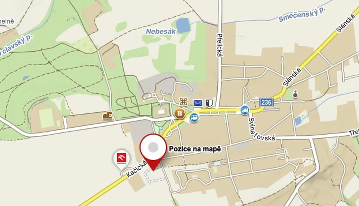 Výřez z Mapy.cz s vyznačenou polohou lokality U Parku u ulice Kačická ve Smečně